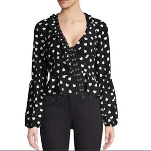 For Love and Lemons Willow Long Sleeve Heart Top In Black and White SMALL